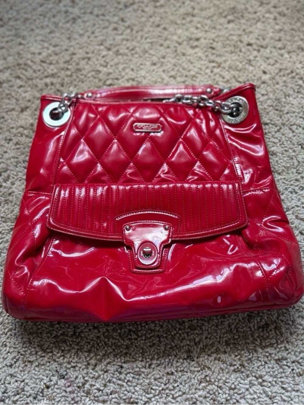 Coach Quilted Patent Leather Shoulder Bag in Red